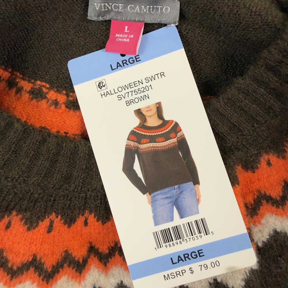 New VINCE CAMUTO Fall Sweater Halloween Pumpkin Fair Isle Brown Pullover Size L - Picture 4 of 11